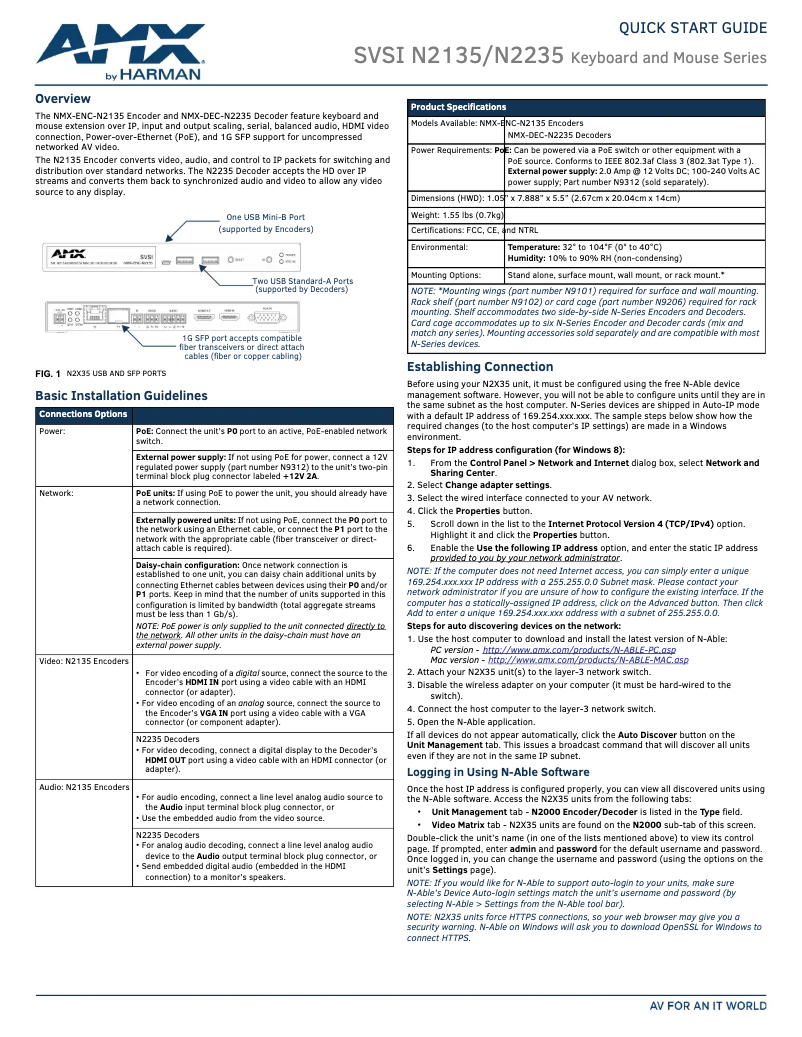 Page 1 de la notice Guide de démarrage rapide AMX NMX-ENC-N2135