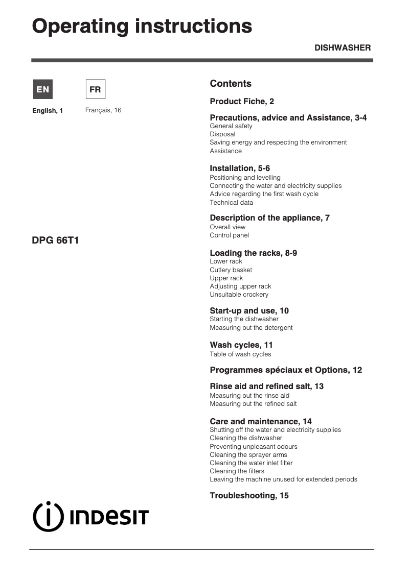 Page 1 de la notice Manuel utilisateur Indesit DPG 66T1 A NX EU