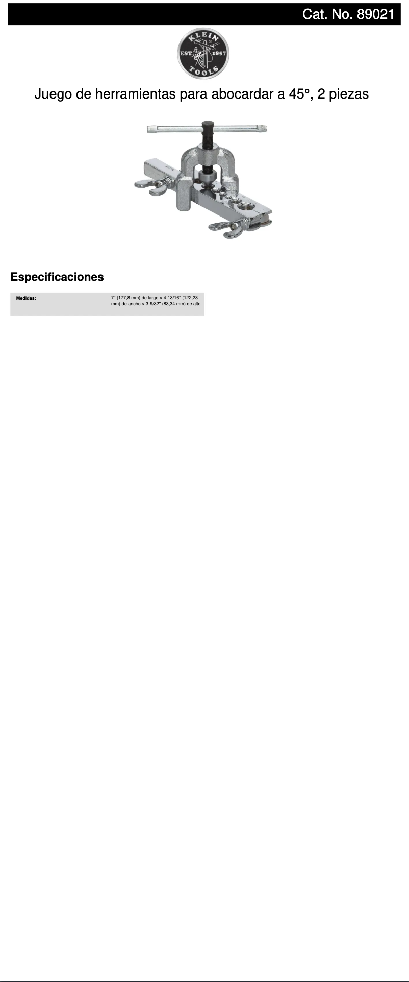 Page 1 de la notice Fiche technique Klein Tools 89021