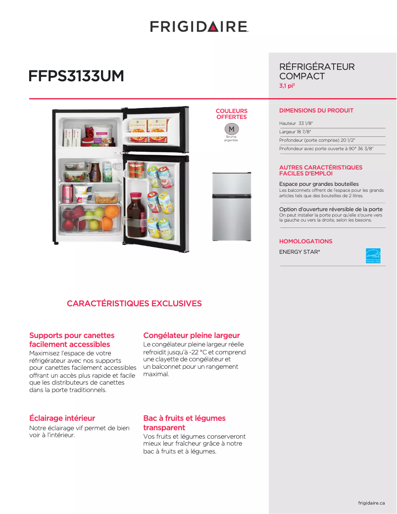 Página 1 del manual Ficha técnica Frigidaire FFPS3133UM