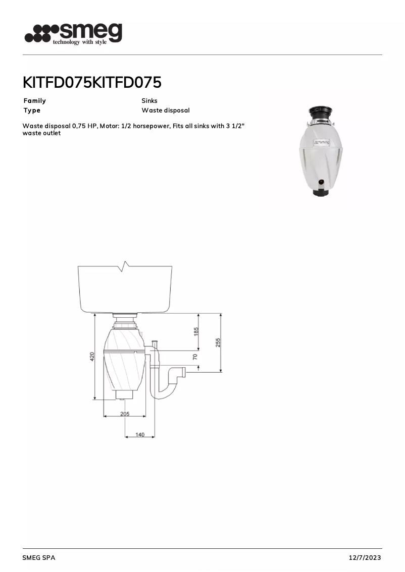 Page 1 of the manual Technical Sheet Smeg KITFD075