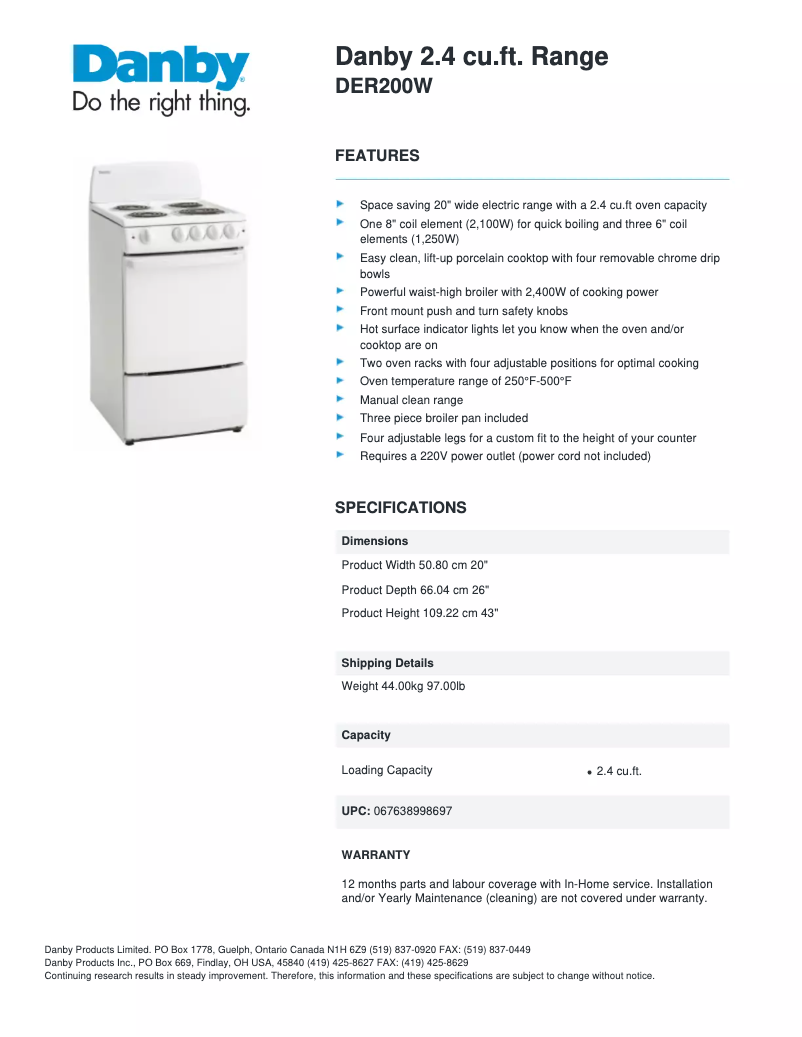 Página 1 del manual Ficha técnica Danby DER200W