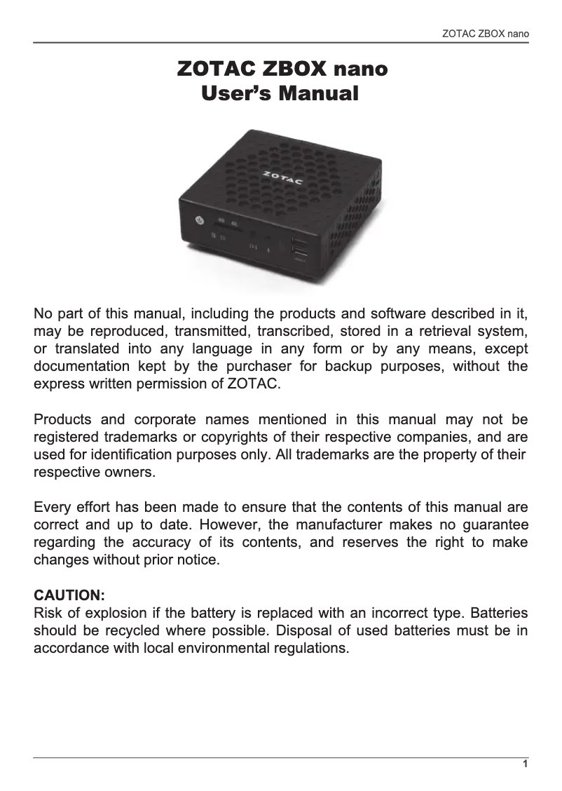 Page 1 de la notice Manuel utilisateur Zotac ZBOX CI321 nano