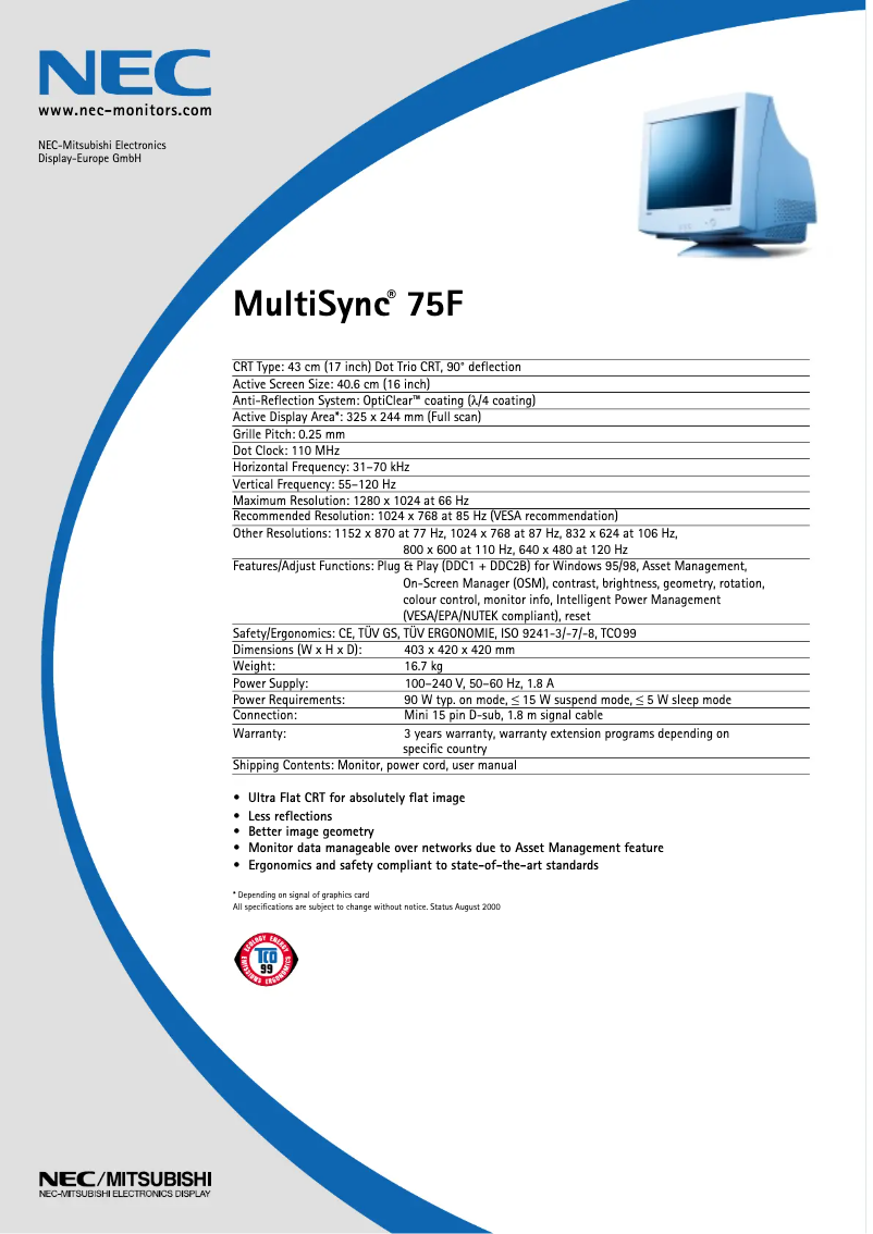 Page 1 de la notice Fiche technique NEC MultiSync 75F