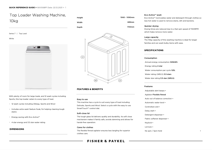 Página 1 del manual Manual de usuario Fisher & Paykel WA1068P1