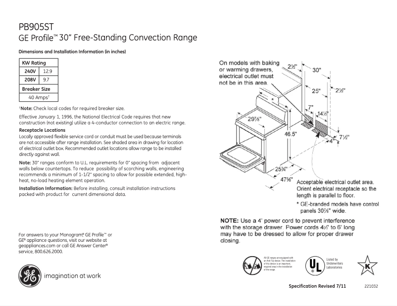 Page n°1 - Fiche technique GE Profile PB905STSS