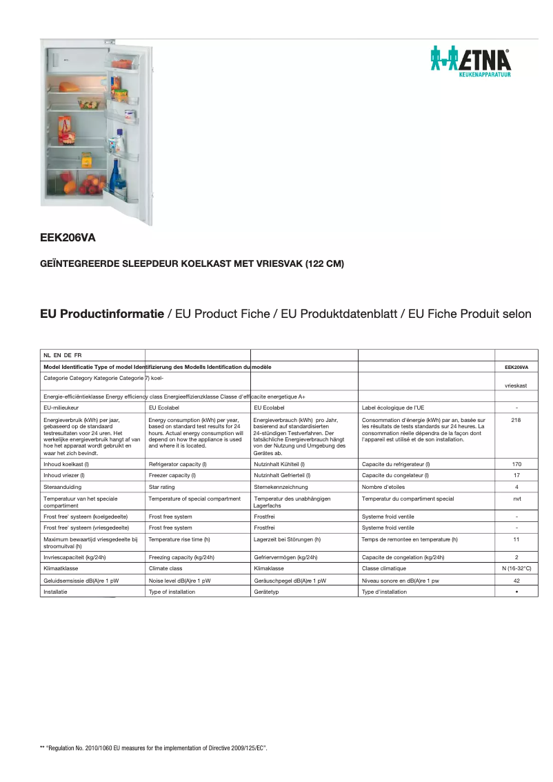 Page 1 de la notice Fiche technique Etna EEK206VA
