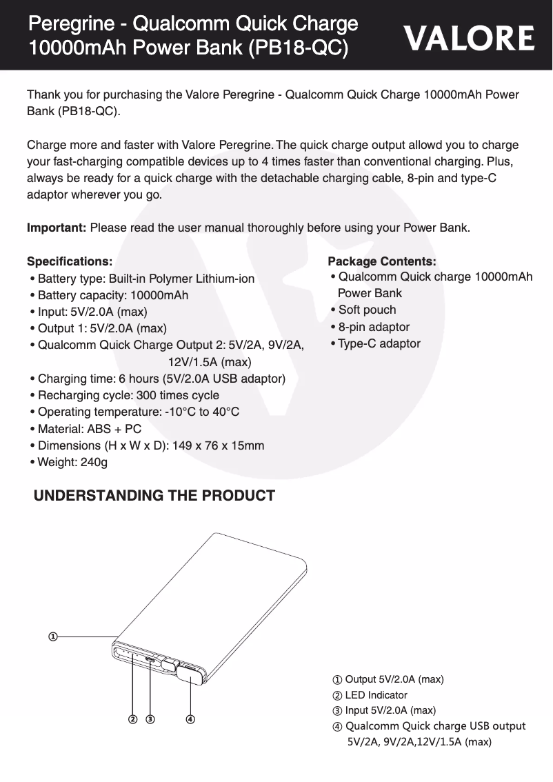Page 1 de la notice Manuel utilisateur Valore PB18-QC