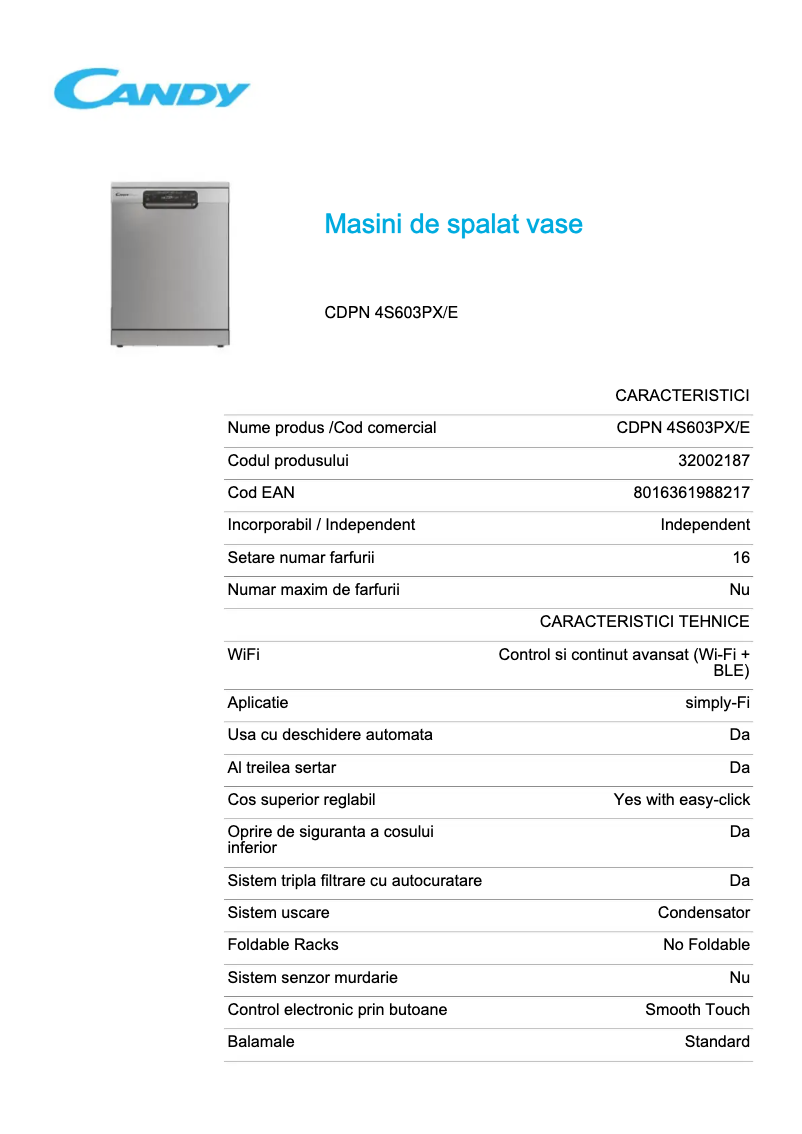 Page 1 de la notice Fiche technique Candy CDPN 4S603PX/E