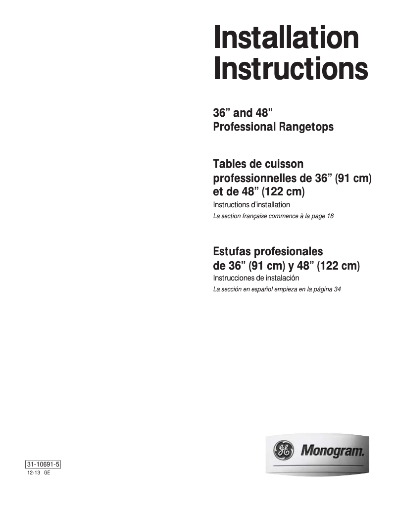 Page n°1 - Guide d'installation GE ZGU364LDPSS