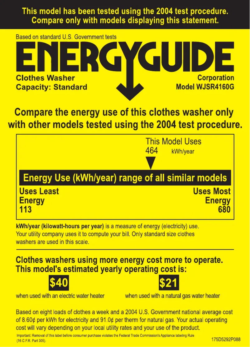 Page n°1 - Label énergétique GE WJSR4160GWW