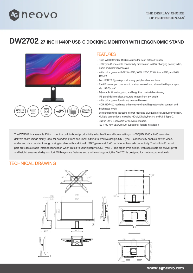 Page 1 de la notice Fiche technique AG Neovo DW2702