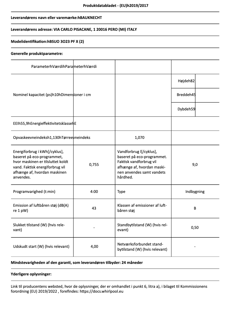 Page 1 de la notice Fiche technique Bauknecht BSUO 3O23 PF X