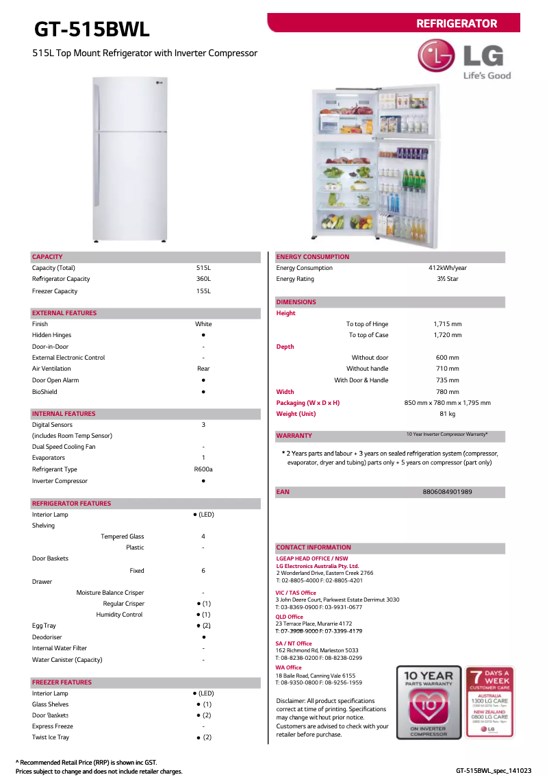 Page 1 de la notice Fiche technique LG GT-515BWL