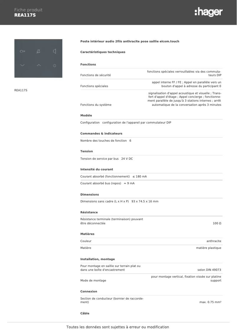 Page n°1 - Fiche technique Hager REA117S
