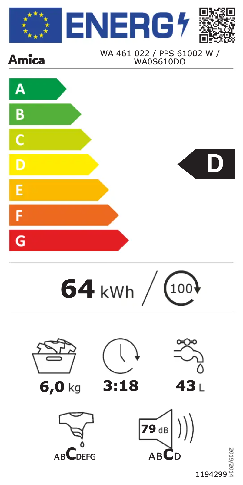 Page 1 de la notice Label énergétique Amica WA0S610DO