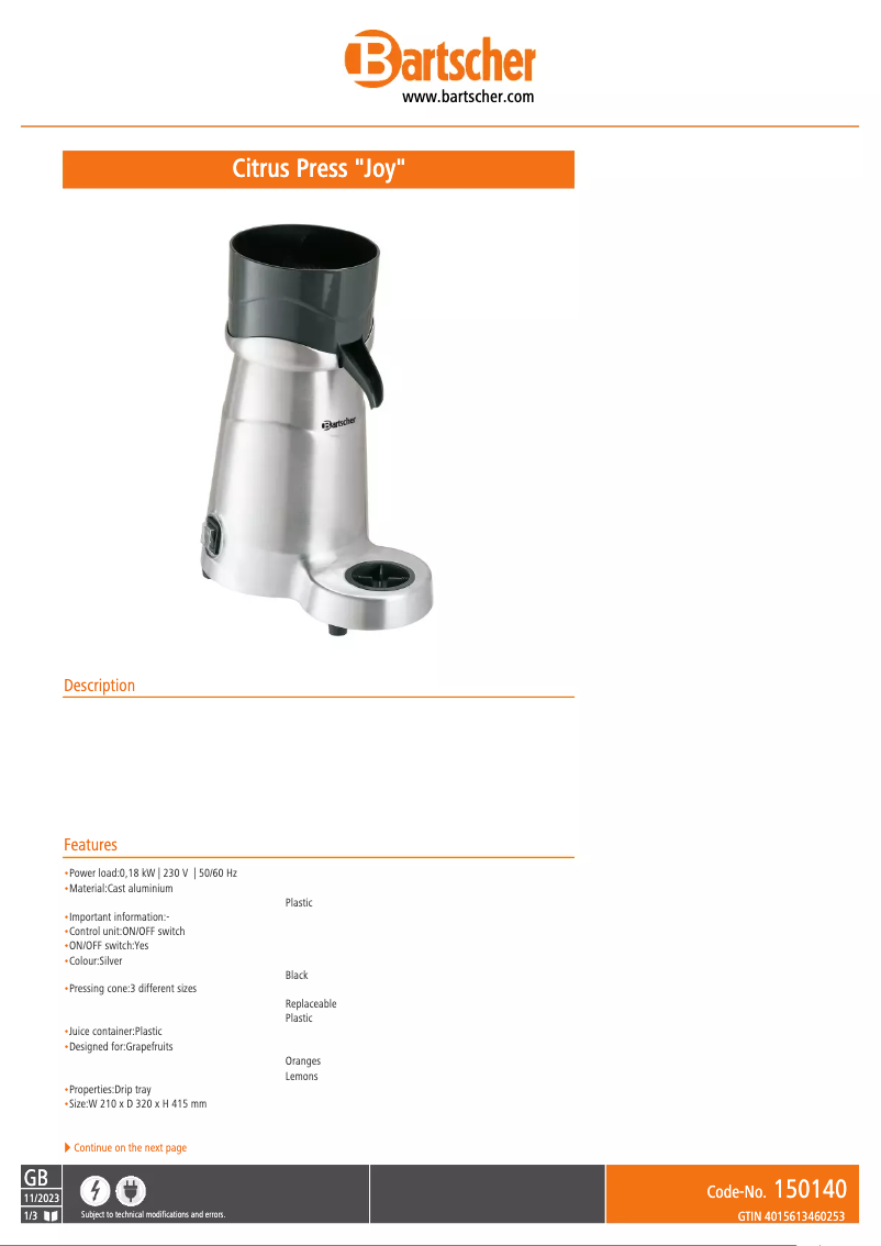 Page 1 de la notice Fiche technique Bartscher 150140