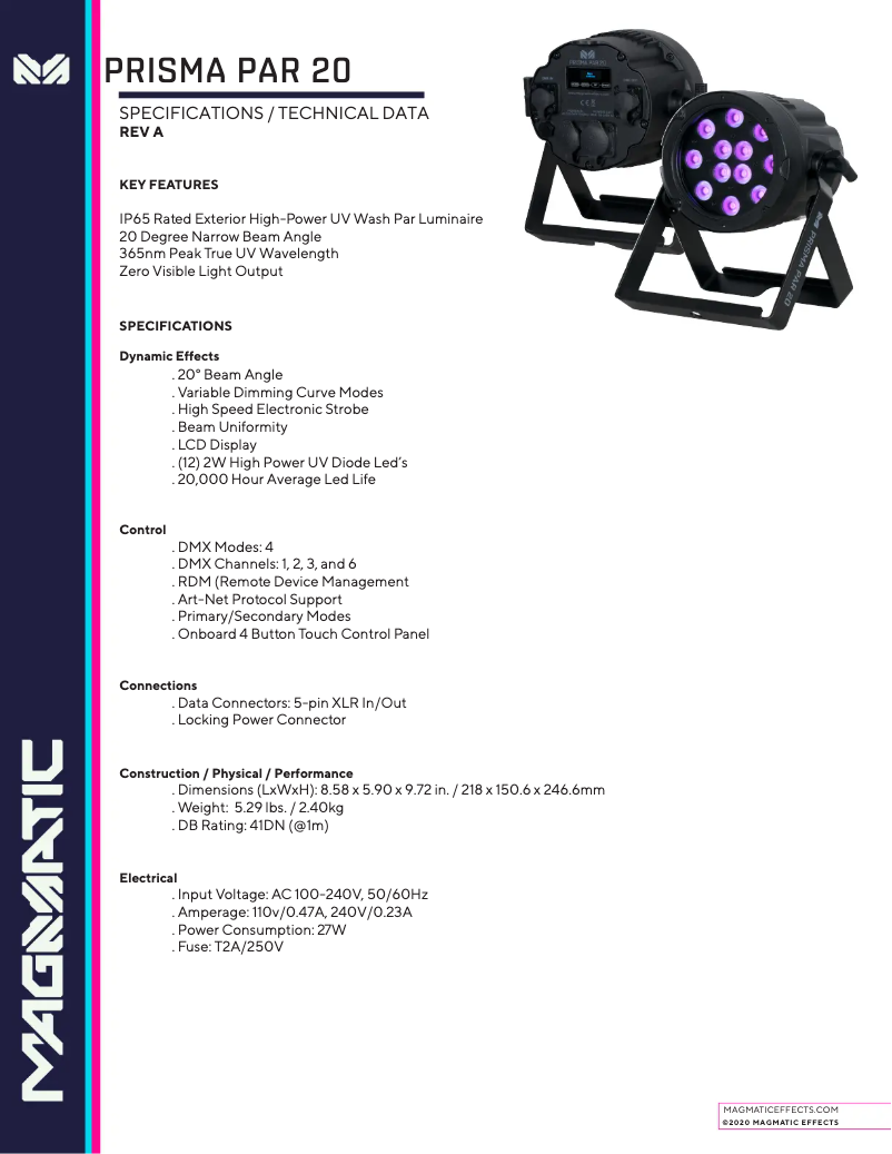 Page 1 de la notice Fiche technique Elation Prisma Par 20