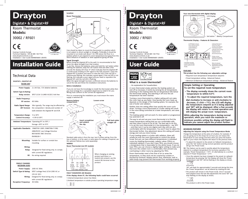 Page n°1 - Manuel utilisateur Drayton Digistat+RF