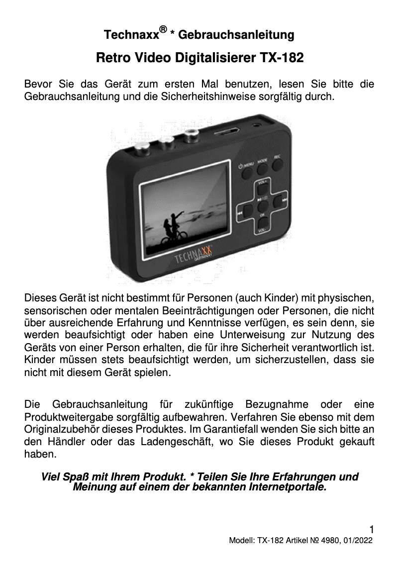 Page n°1 - Manuel utilisateur Technaxx TX-182