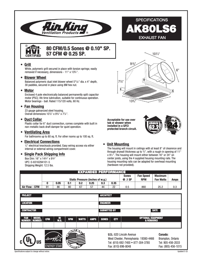 Page 1 de la notice Fiche technique Air King AK80LS6
