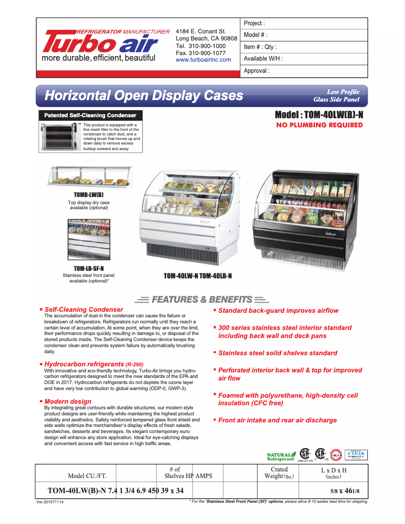 Page 1 de la notice Fiche technique Turbo air TOM-40L