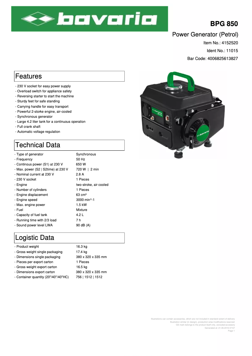 Página 1 del manual Ficha técnica Bavaria BPG 850