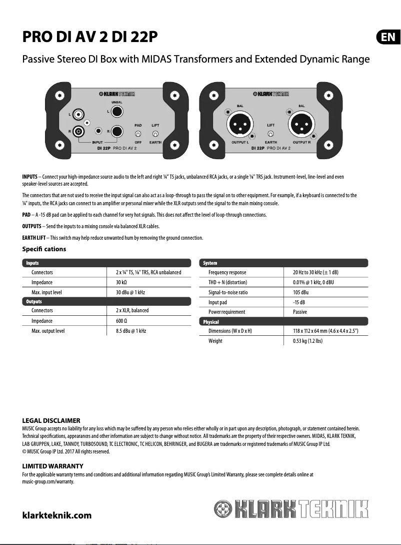 Página 1 del manual Guía de inicio rápido Klark Teknik DI 22P