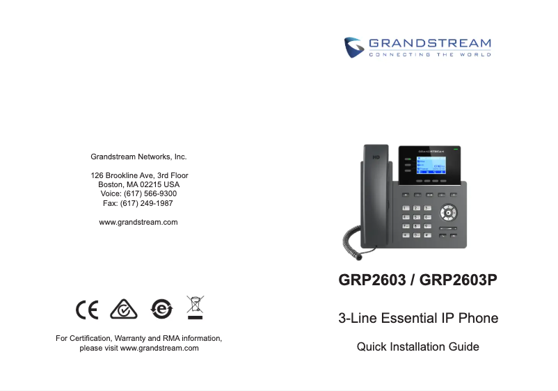 Page n°1 - Guide de démarrage rapide Grandstream GRP2603