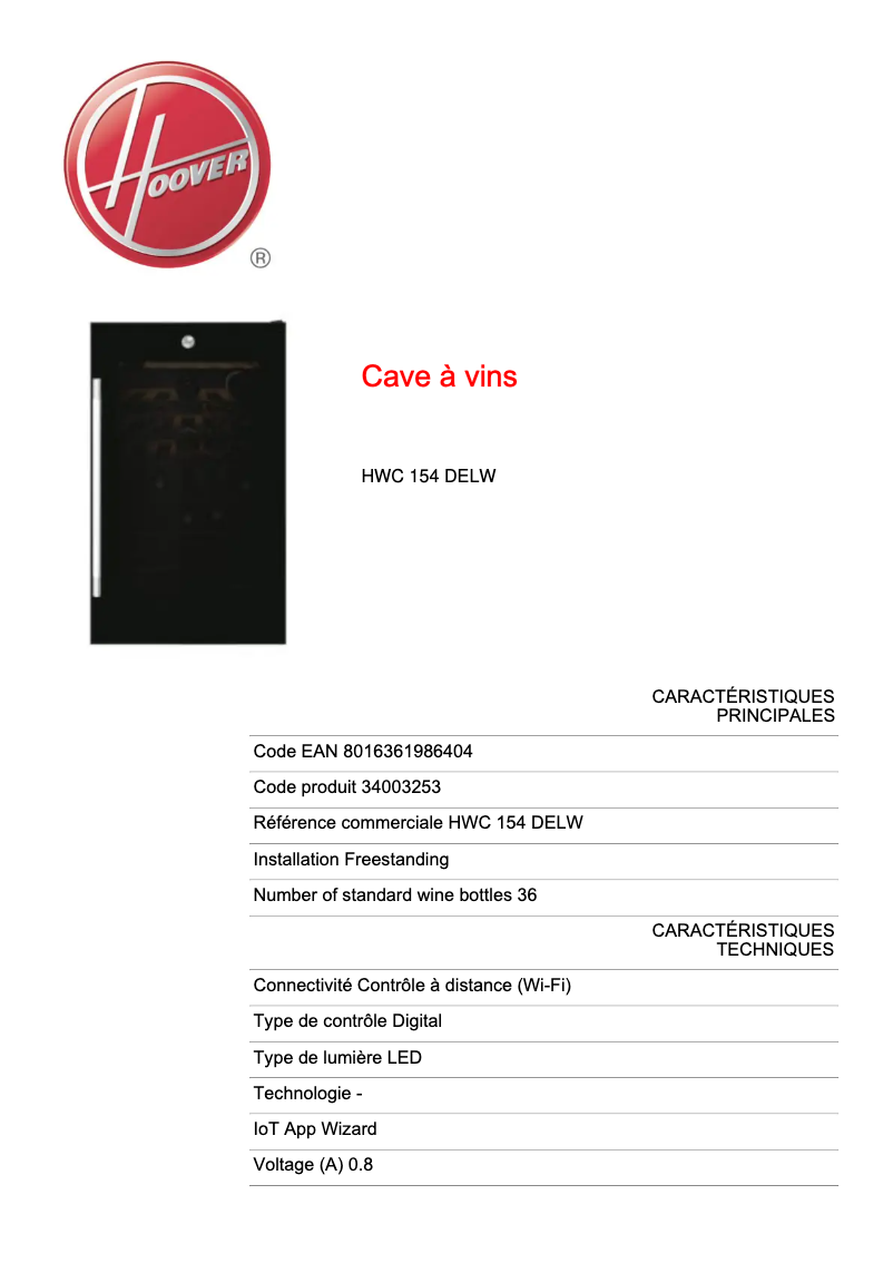 Page 1 de la notice Fiche technique Hoover H-WINE 700 HWC 154 DELW
