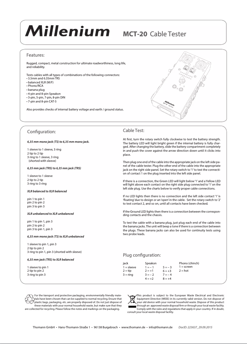 Page 1 de la notice Manuel utilisateur Millenium MCT-20