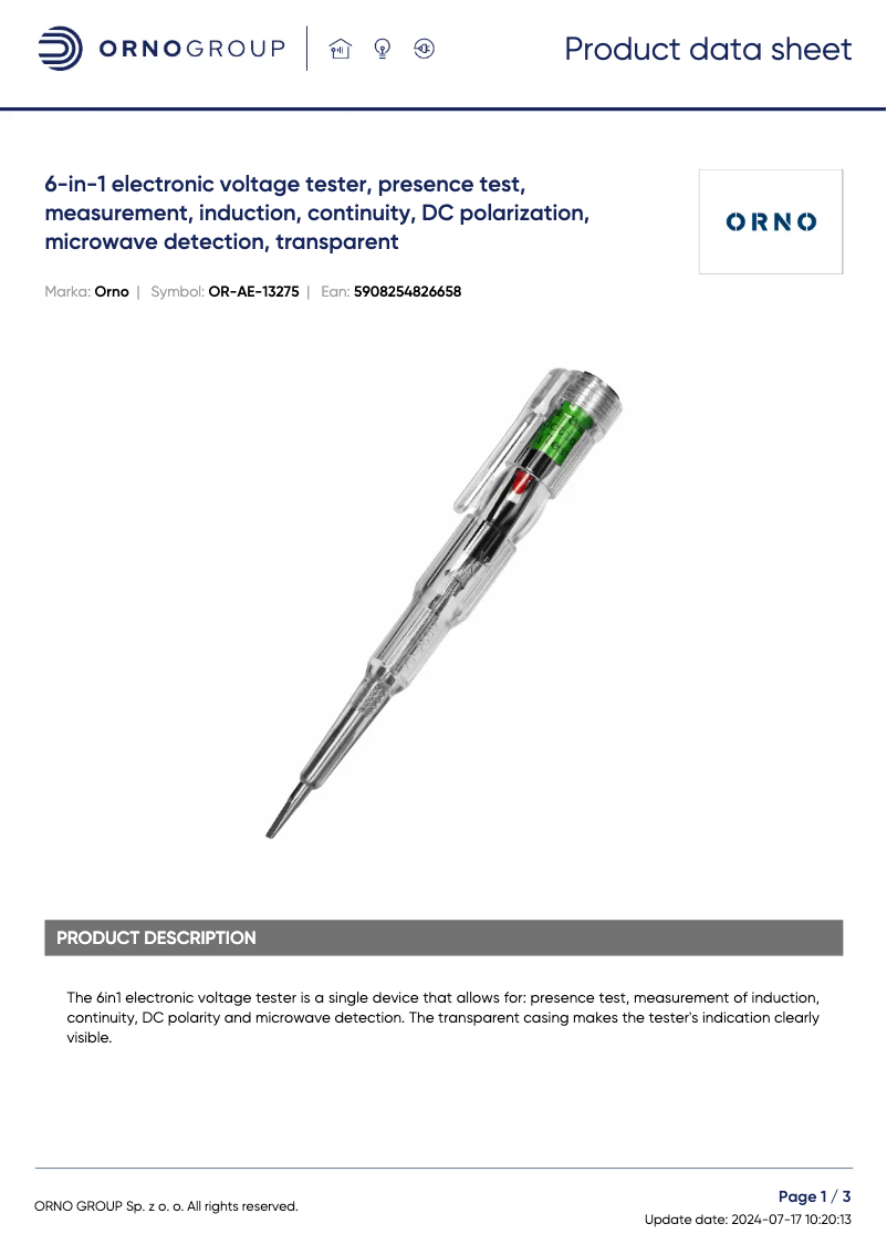 Page 1 de la notice Fiche technique ORNO OR-AE-13275