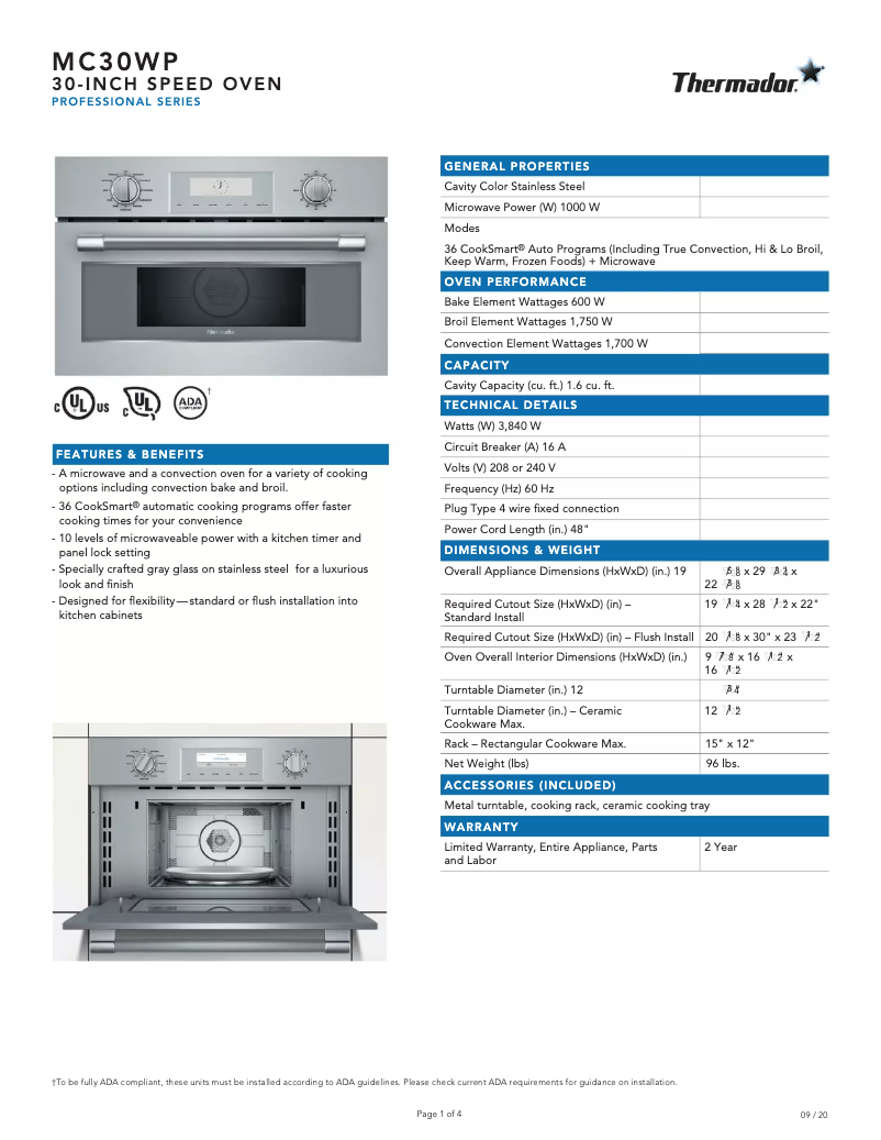 Page 1 of the manual Technical Sheet Thermador MC30WP