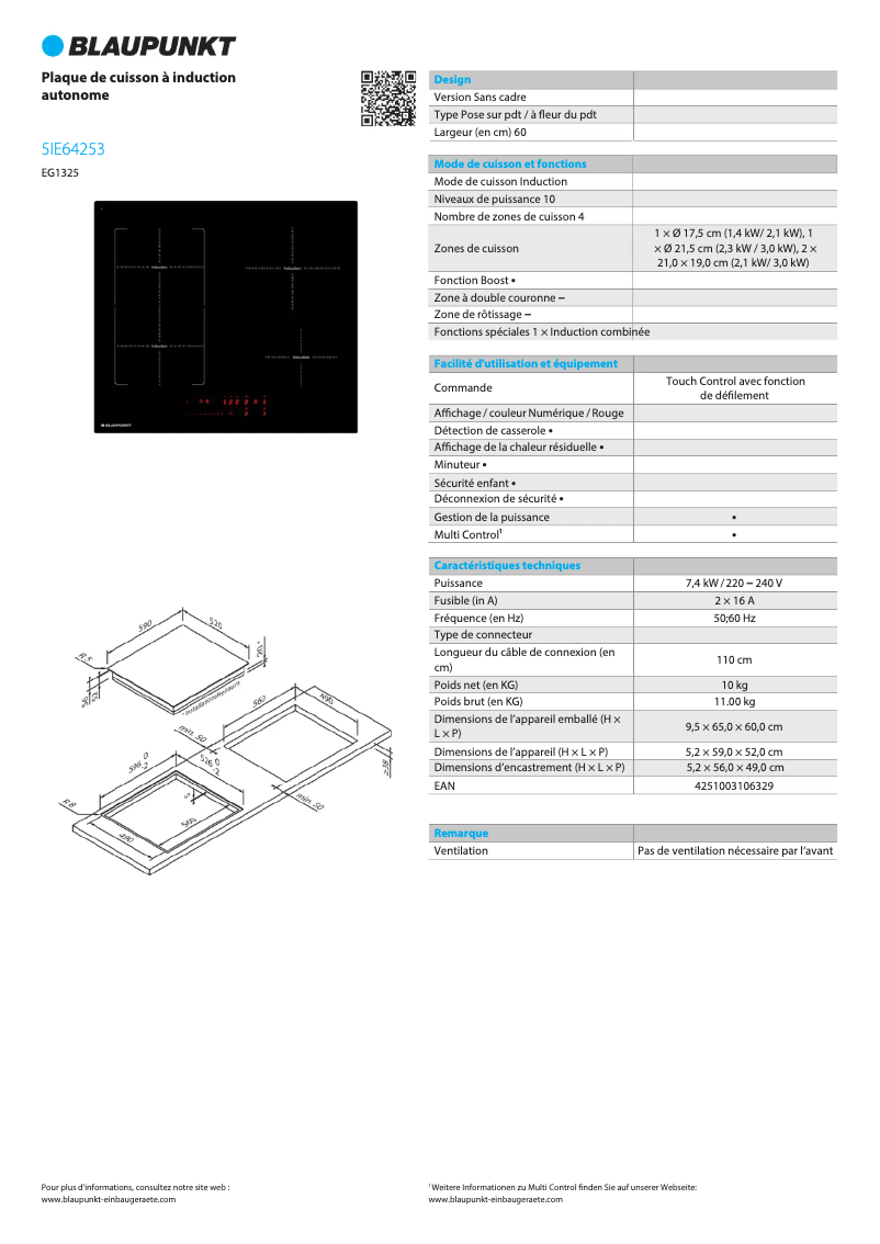 Page 1 de la notice Fiche technique Blaupunkt 5IE64253