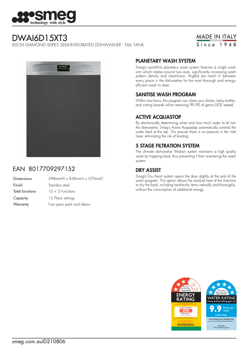 Page 1 de la notice Fiche technique Smeg DWAI6D15XT3