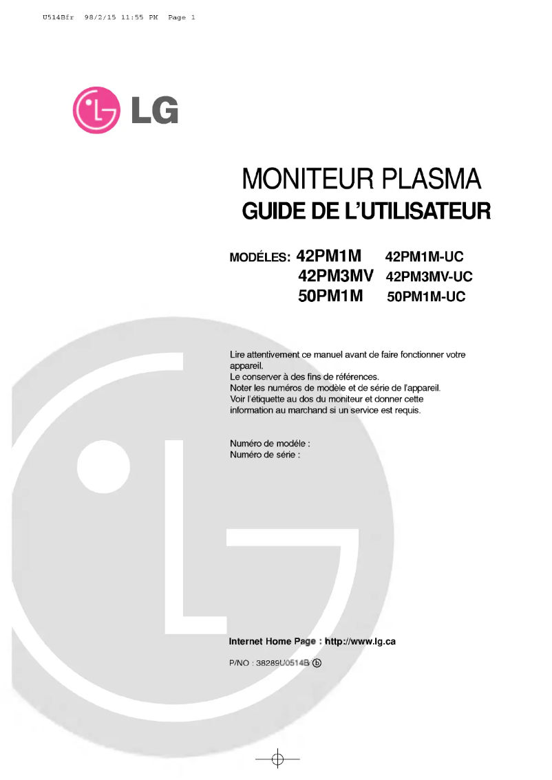 Page 1 de la notice Manuel utilisateur LG 50PM1M
