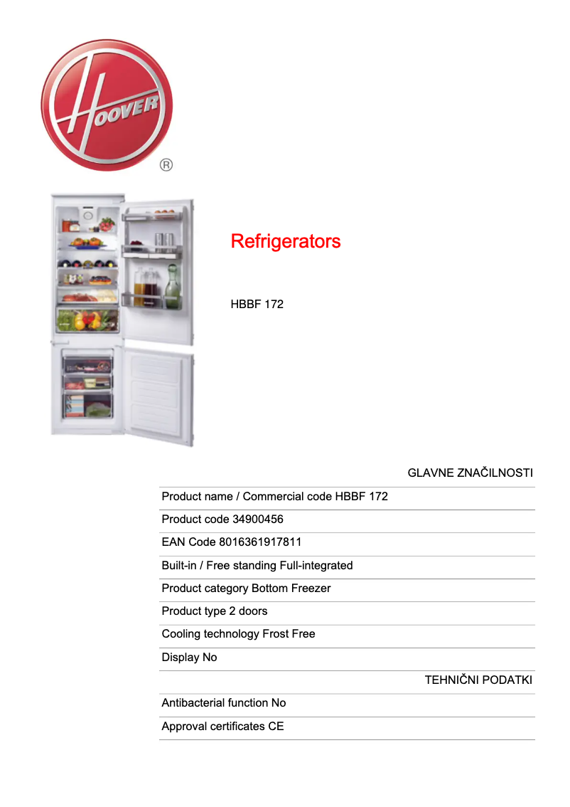 Page n°1 - Fiche technique Hoover HBBF 172