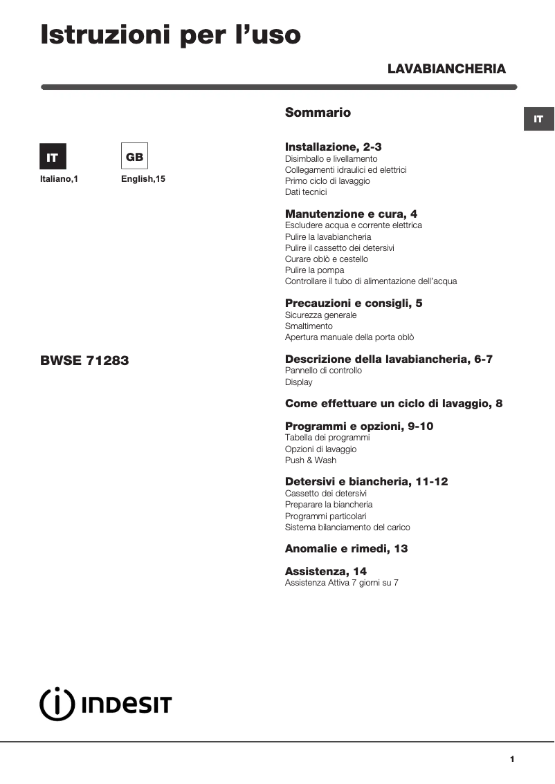 Image de la première page du manuel de l'appareil BWSE 71283X WWGG IT