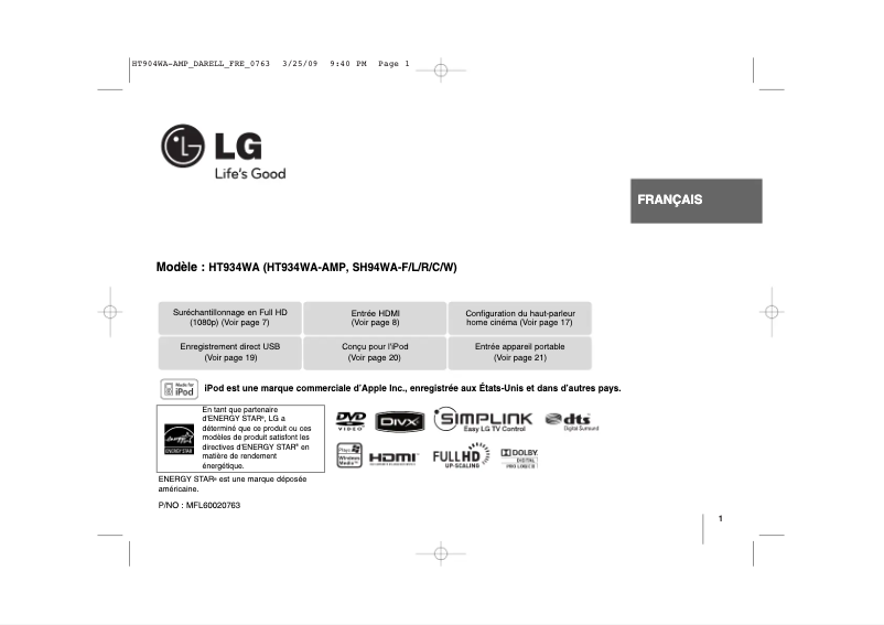 Page 1 de la notice Manuel utilisateur LG HT934WA