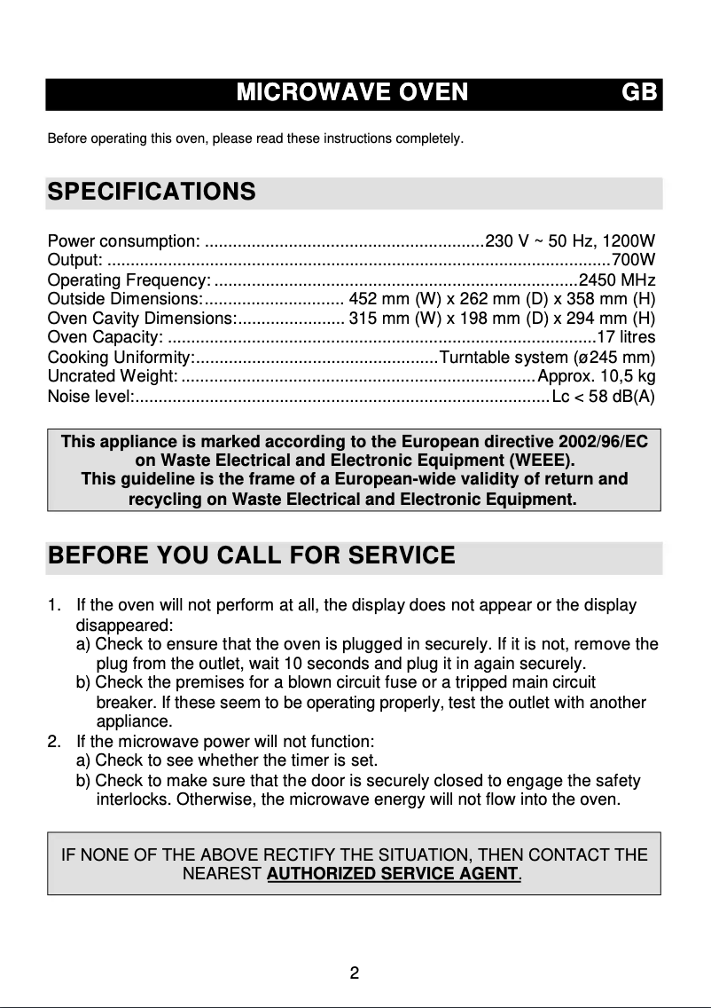 Page 1 de la notice Manuel utilisateur Gorenje MO17MS