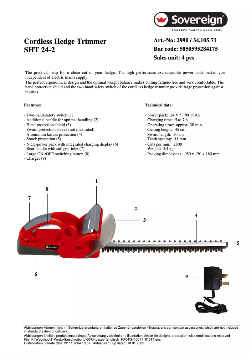 Page 1 de la notice Fiche technique Sovereign SHT 24-2