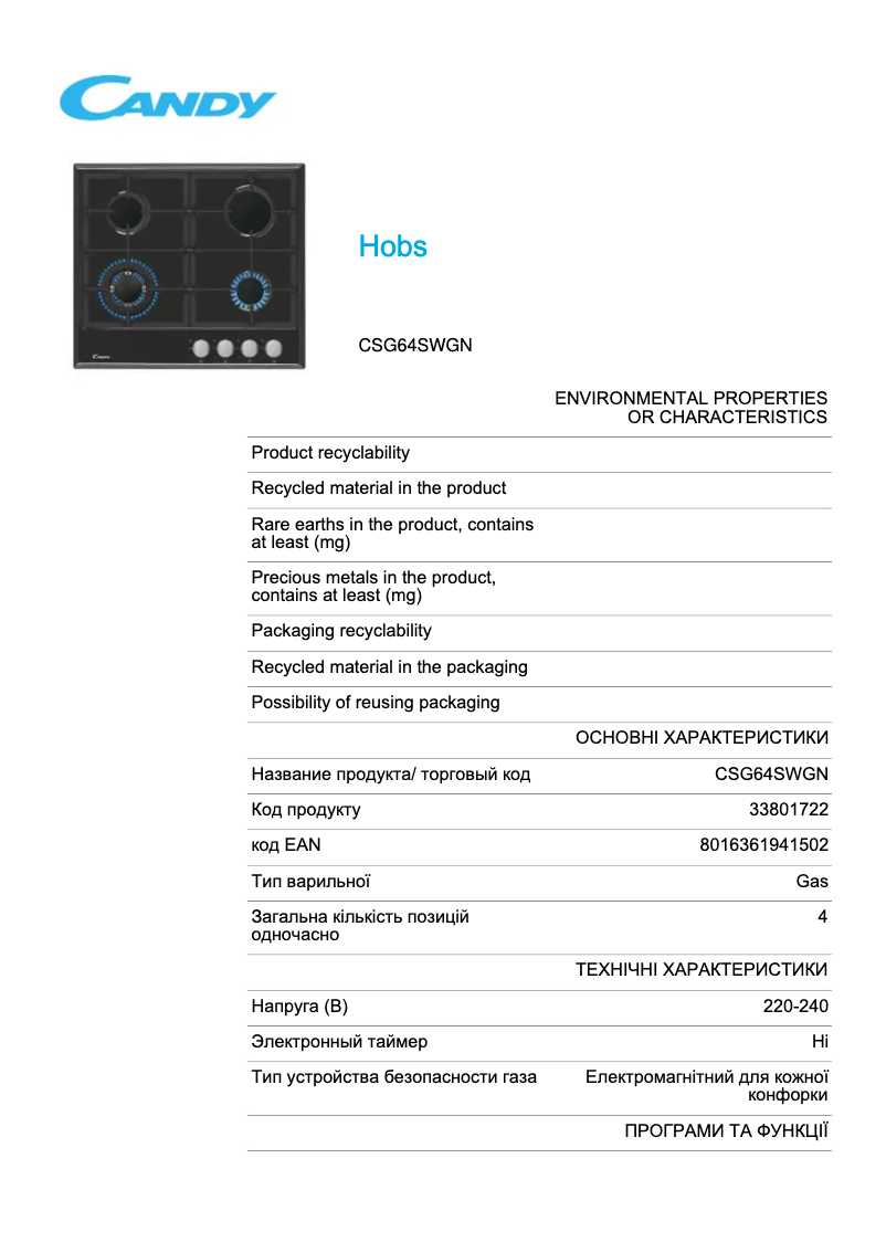 Page 1 de la notice Manuel utilisateur Candy CSG64SWGN