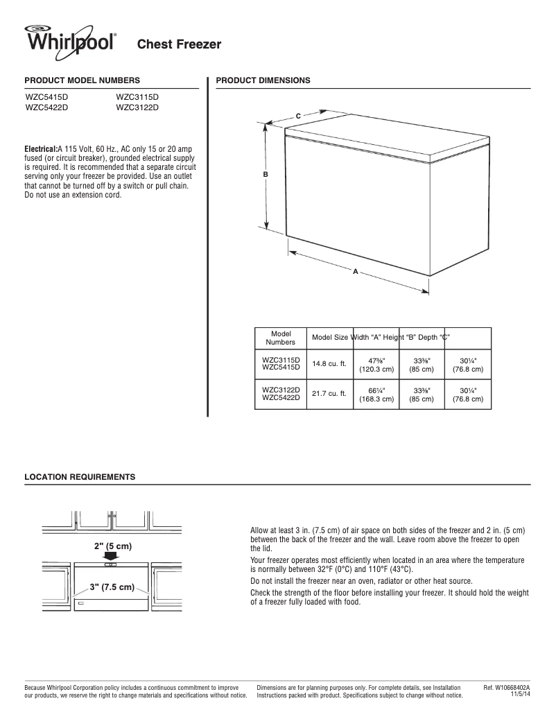 Page 1 de la notice Fiche technique Whirlpool WZC3115D