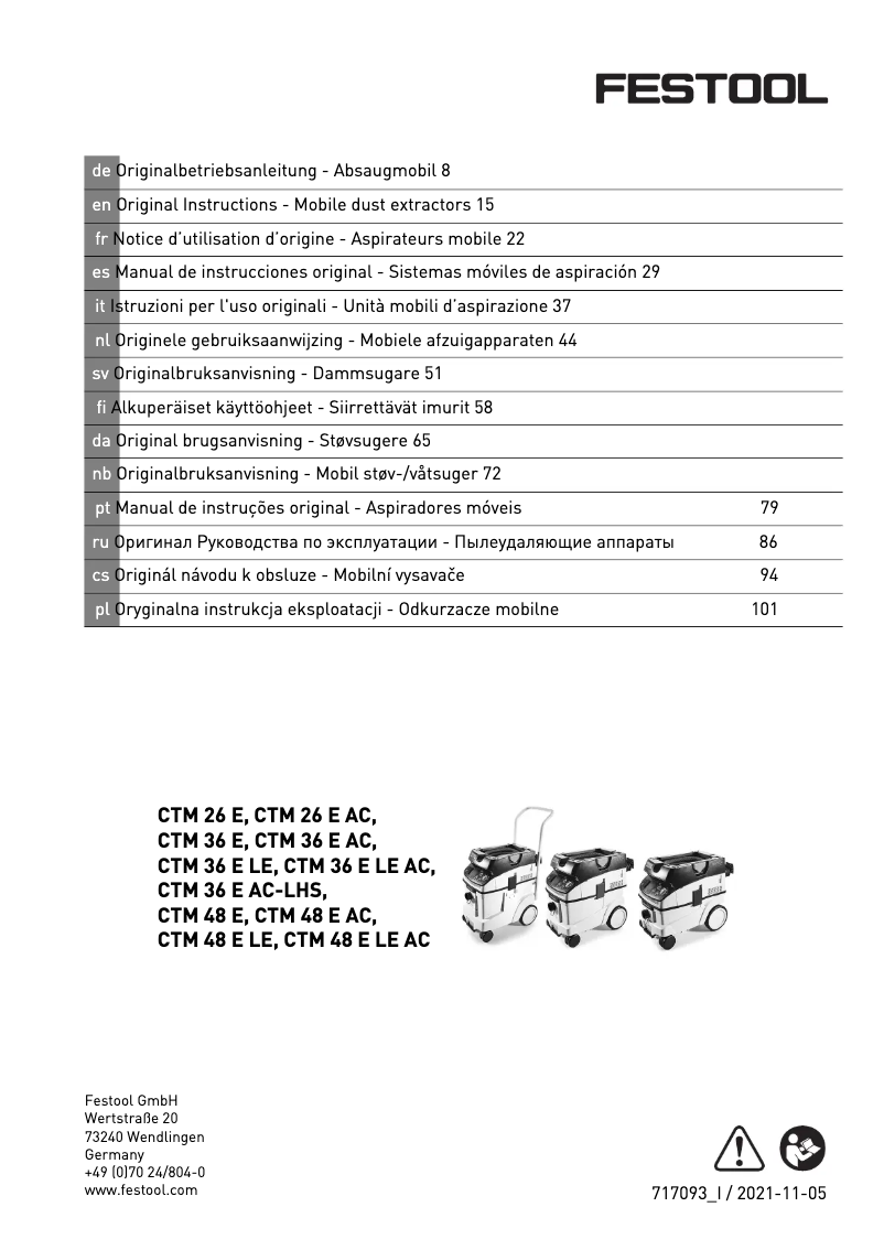 Page 1 de la notice Manuel utilisateur Festool Cleantec CTM 36 AC