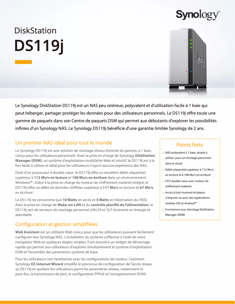 Page 1 de la notice Fiche technique Synology DiskStation DS119j