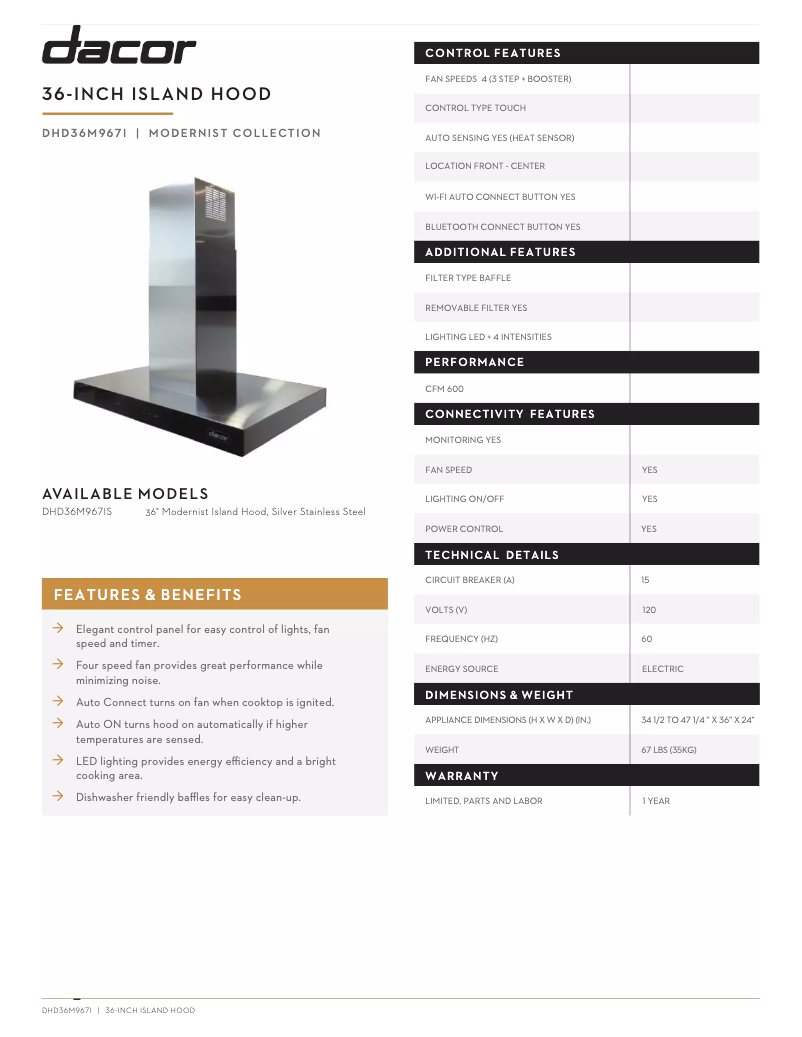Page 1 de la notice Fiche technique Dacor DHD36M967IM