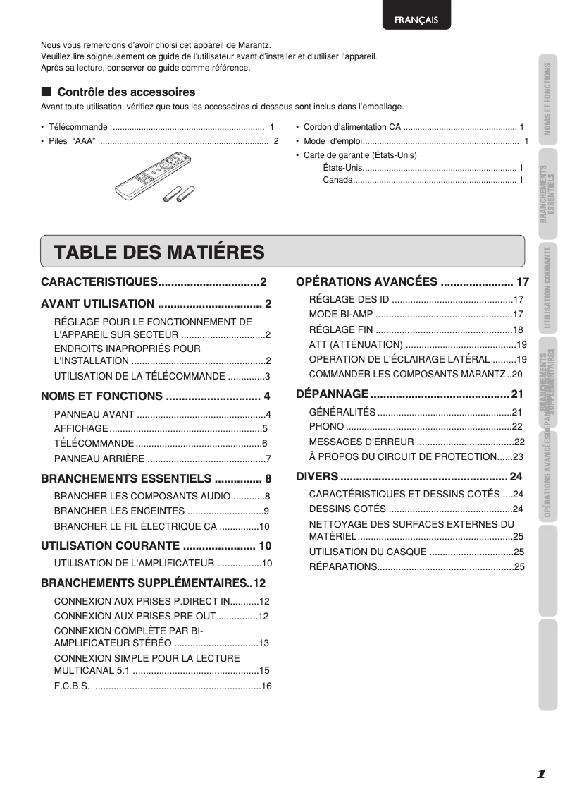 Page 1 de la notice Manuel utilisateur Marantz PM-15S2