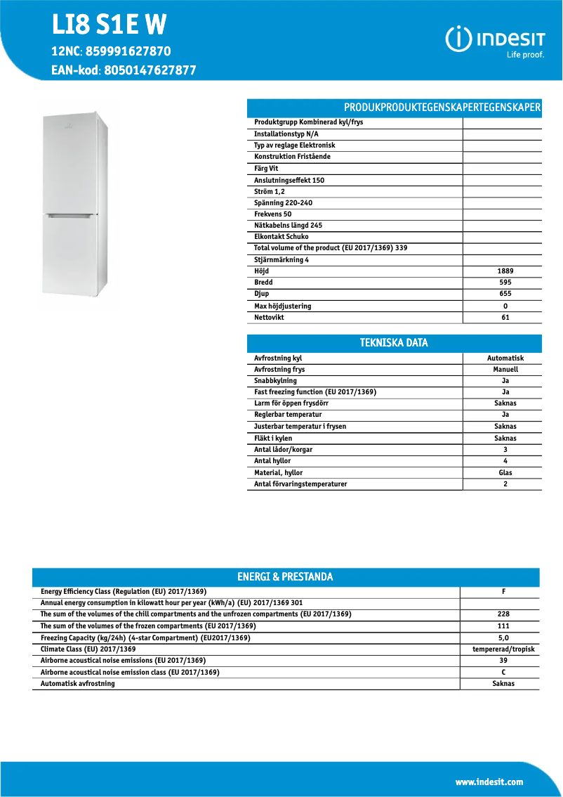 Page n°1 - Fiche technique Indesit LI8S1EW