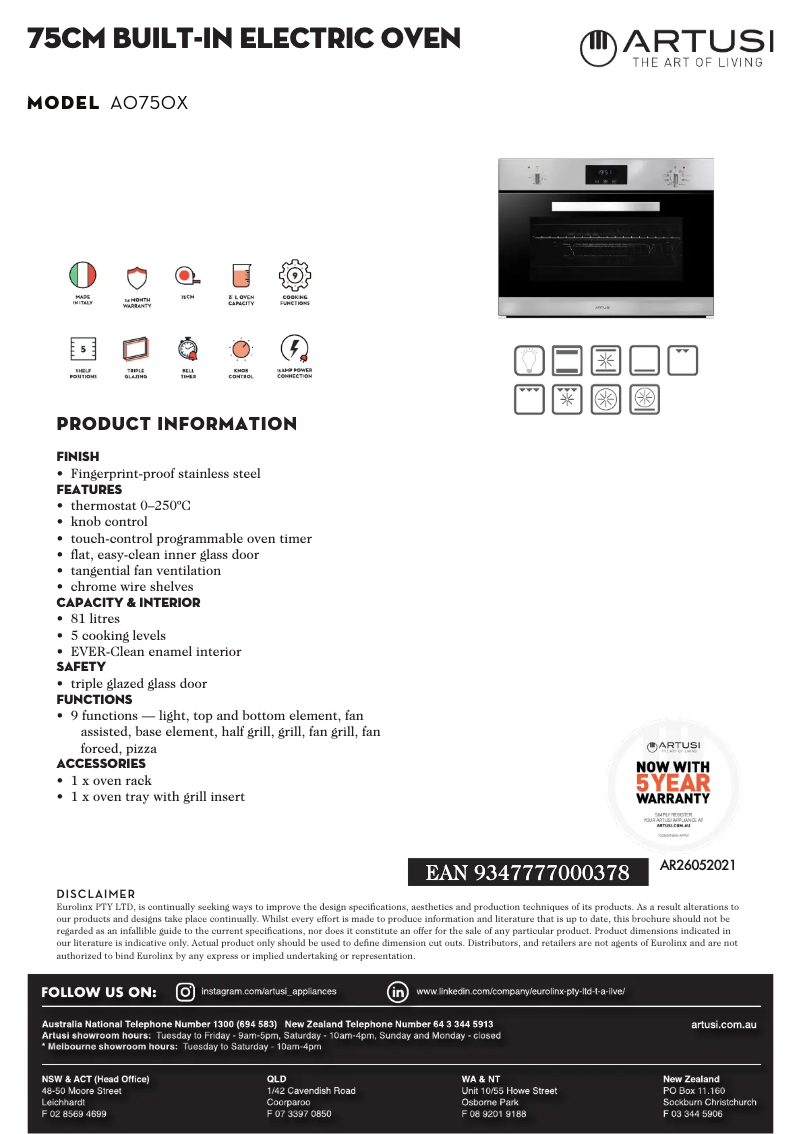 Page 1 de la notice Fiche technique Artusi AO750X