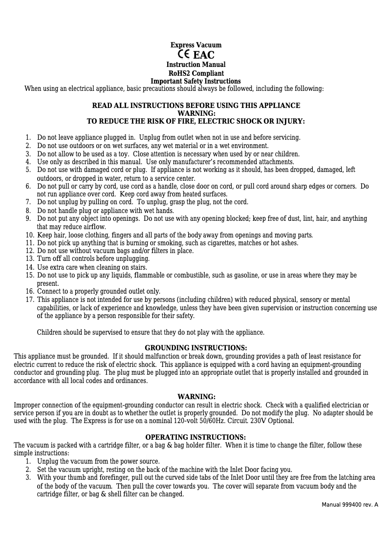 Page n°1 - Manuel utilisateur Atrix VACEXP-03